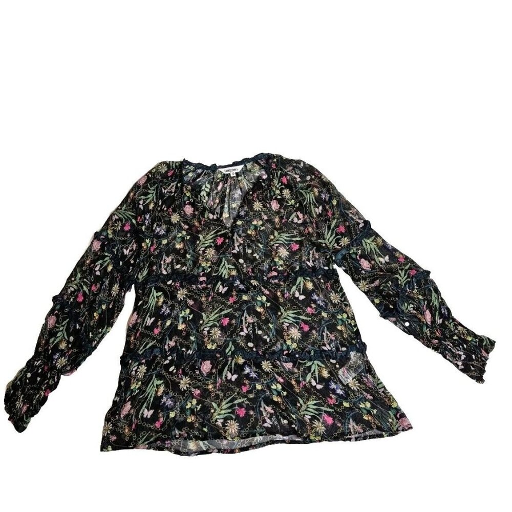 Loobies Story Boho Peasant Viscose Sheer Floral Blouse Women's Size 10 NWOT